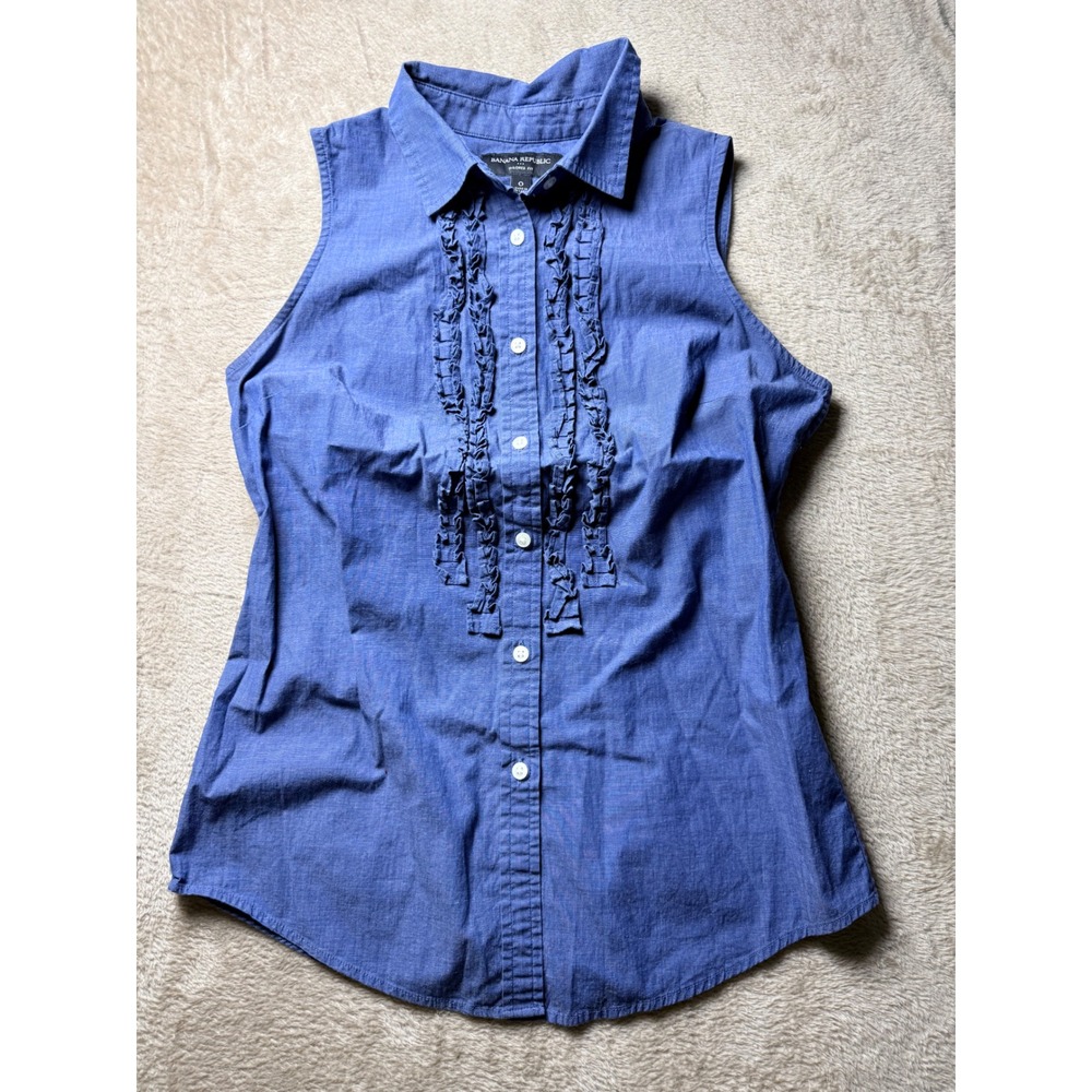 Banana Republic Womens Blue Ruffle Front Sleeveless Tailored Button Down Shirt 0